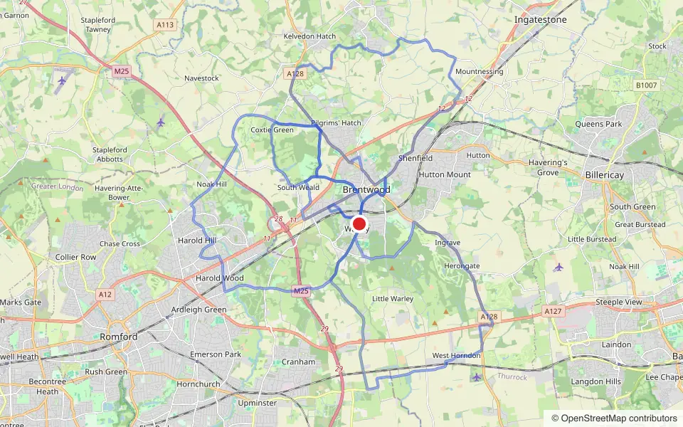 Map of the roads covered by the 4 practice routes around Brentwood driving test centre