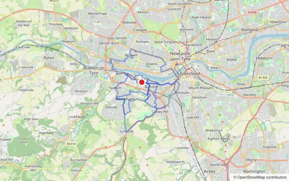 Map of the roads covered by the 4 practice routes around Gateshead driving test centre