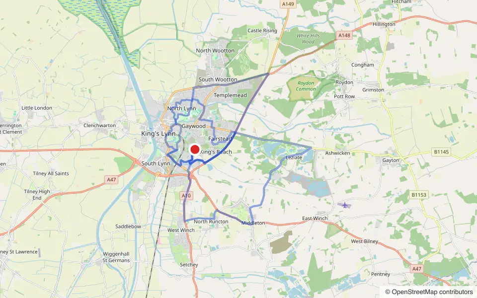 Map of the roads covered by the 3 practice routes around Kings Lynn driving test centre