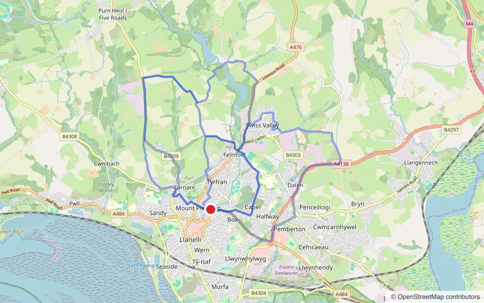 Map of the roads covered by the 3 practice routes around Llanelli driving test centre