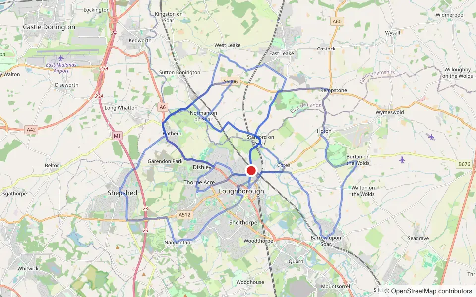 Map of the roads covered by the 4 practice routes around Loughborough driving test centre