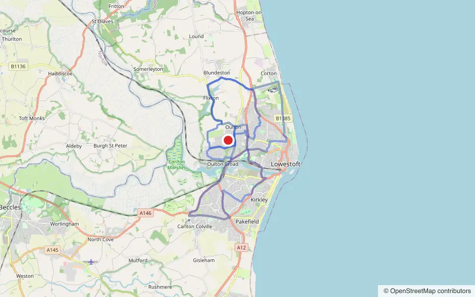 Map of the roads covered by the 3 practice routes around Lowestoft (Mobbs Way) driving test centre