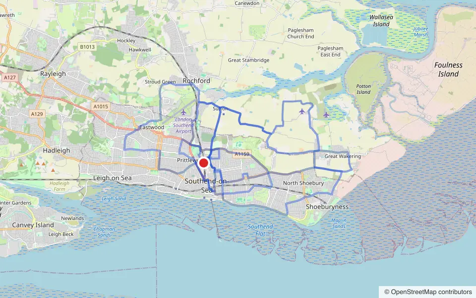 Map of the roads covered by the 5 practice routes around Southend-on-Sea driving test centre