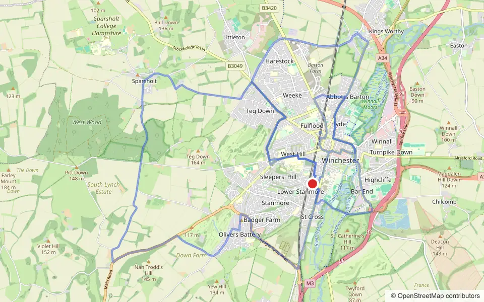 Map of the roads covered by the 3 practice routes around Winchester driving test centre