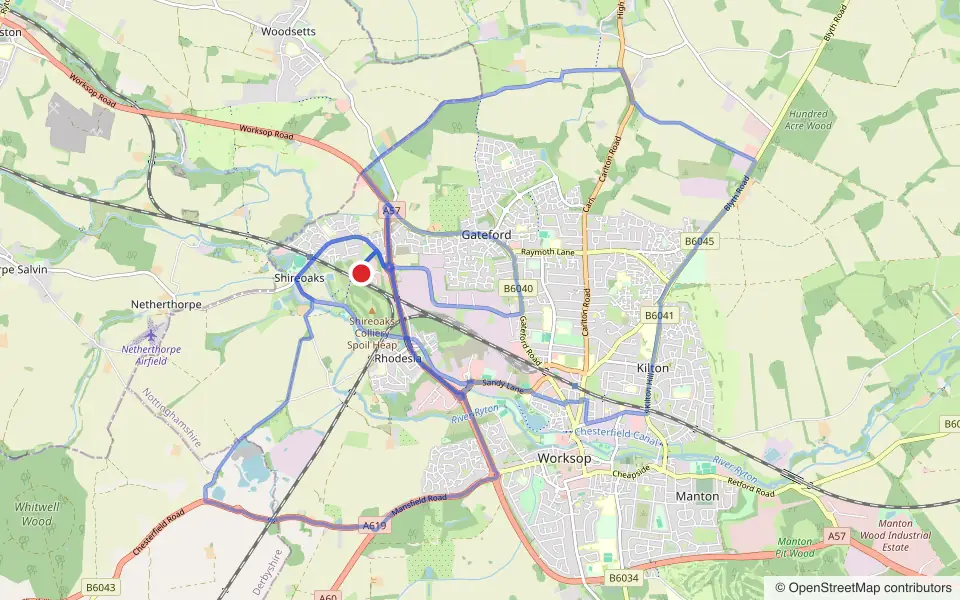 Map of the roads covered by the 3 practice routes around Worksop driving test centre